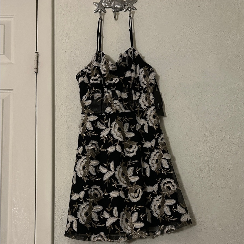 Wish Away Black Multi Floral Print Embroidered Mesh Mini Dress